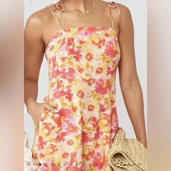 Pink Watercolor Floral Fit & Flare Floral Tie-Shoulder Mini Cami Dress S - Picture 4 of 14